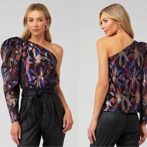 SABINA MUSAYEV Shimmer One Shoulder Puff Sleeve Top Black metallic floral print